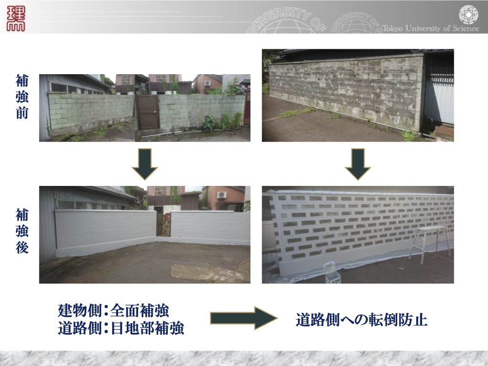 コンクリートブロック塀の補強前（既存状態）と補強後（全面・目地部補強完了）のビフォーアフター比較写真。