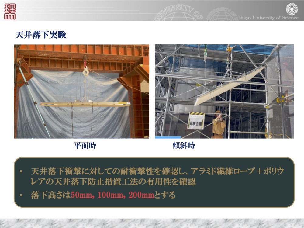 平面および傾斜状態での天井落下衝撃実験の様子。落下高さ50mm〜200mmでの耐衝撃性と有用性の検証。
