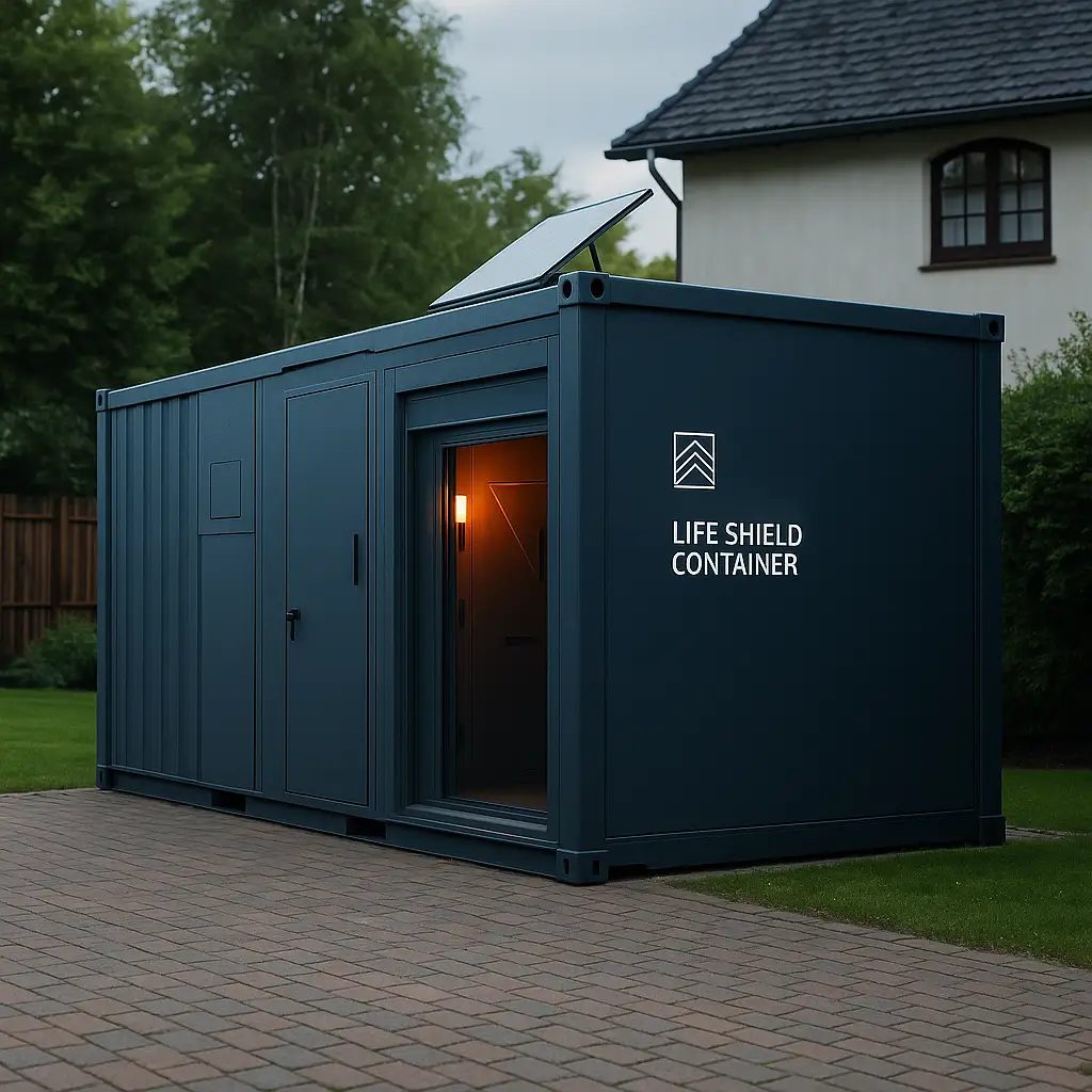 0年の絆を持つ木尾会長と高橋教授のタッグにより誕生した、多機能型避難シェルターコンテナ「クマコン」の外観イメージ。