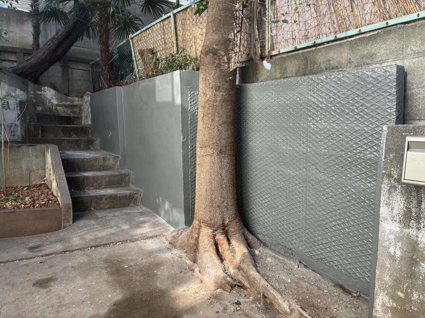 樹木の根回りなどの複雑な形状にも隙間なく密着する、高耐久ポリウレア塗装による擁壁補強の美しい仕上がり