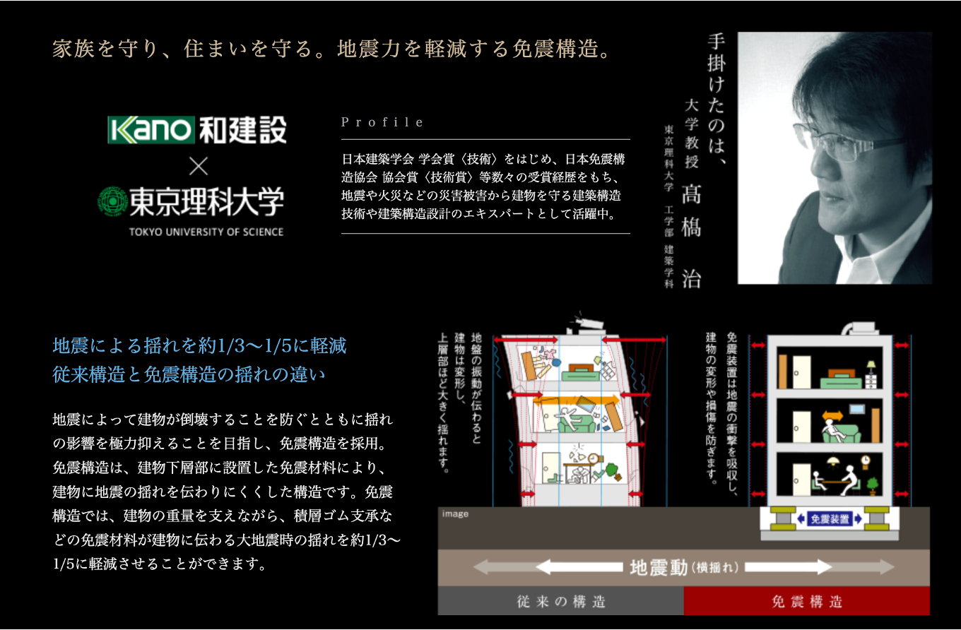 和建設株式会社のロゴ（またはビ・ウェル九反田堀川の外観）。サイエンス構造および高橋治教授と連携し、高度な柱頭免震構造のマンションを具現化する確かな技術を持った総合建設パートナー