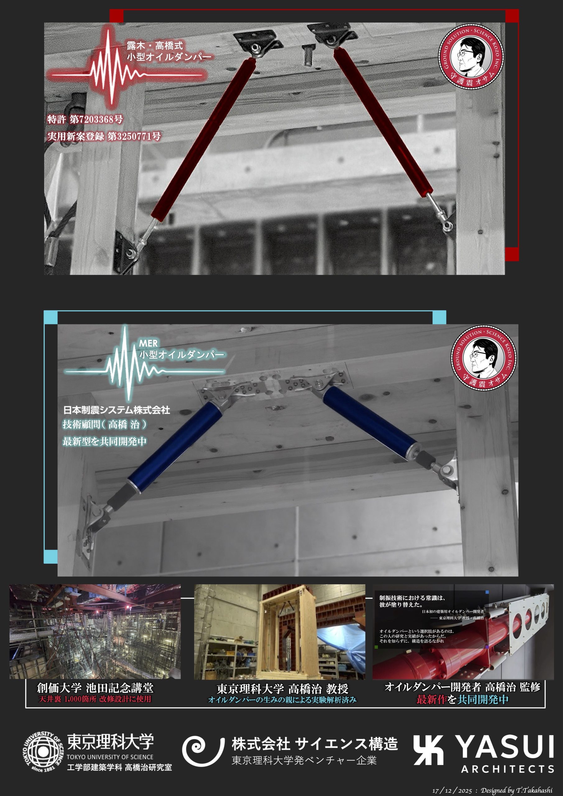 日本制震システムの小型オイルダンパーの設置写真。高橋治教授の研究に基づき、サイエンス構造の解析によって最適な制震性能を引き出す、木造住宅のための高度な地震対策ソリューション