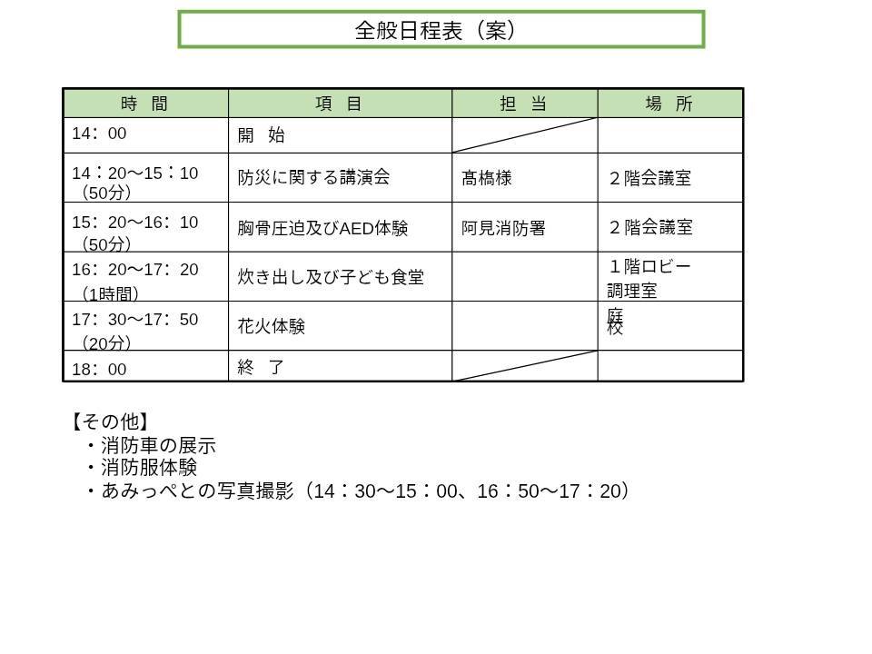 子ども防災フェスティバルの日程表。14時20分より高橋治教授による「防災に関する講演会」を実施。
