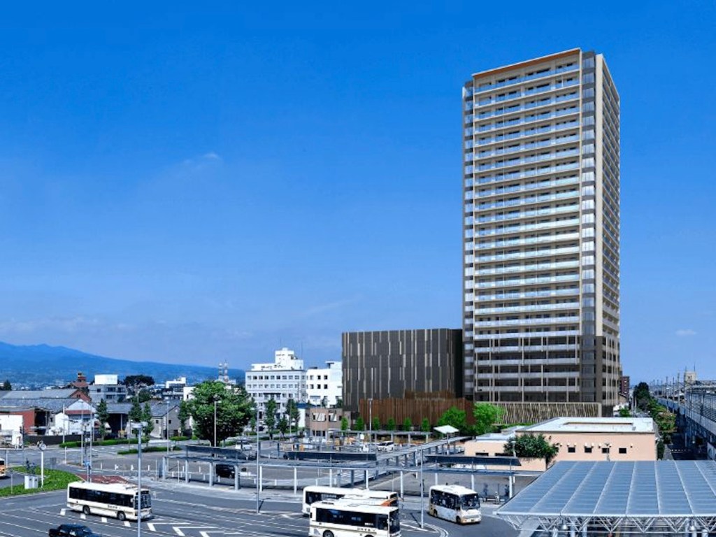 JR前橋駅北口地区第一種市街地再開発事業の外観。高橋治教授の建築構造・再開発事業に関する代表実績を紹介する画像