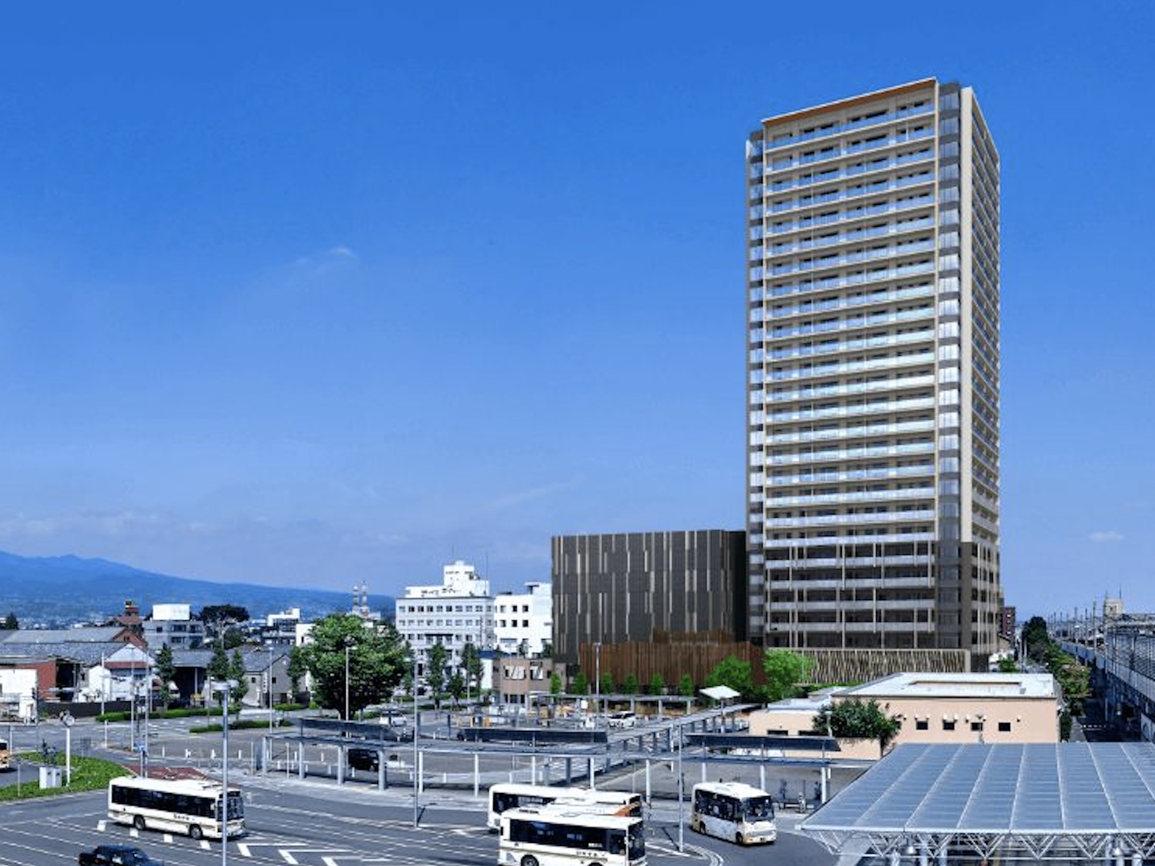 JR前橋駅北口地区第一種市街地再開発事業の外観。高橋治教授の建築構造・再開発事業に関する代表実績を紹介する画像