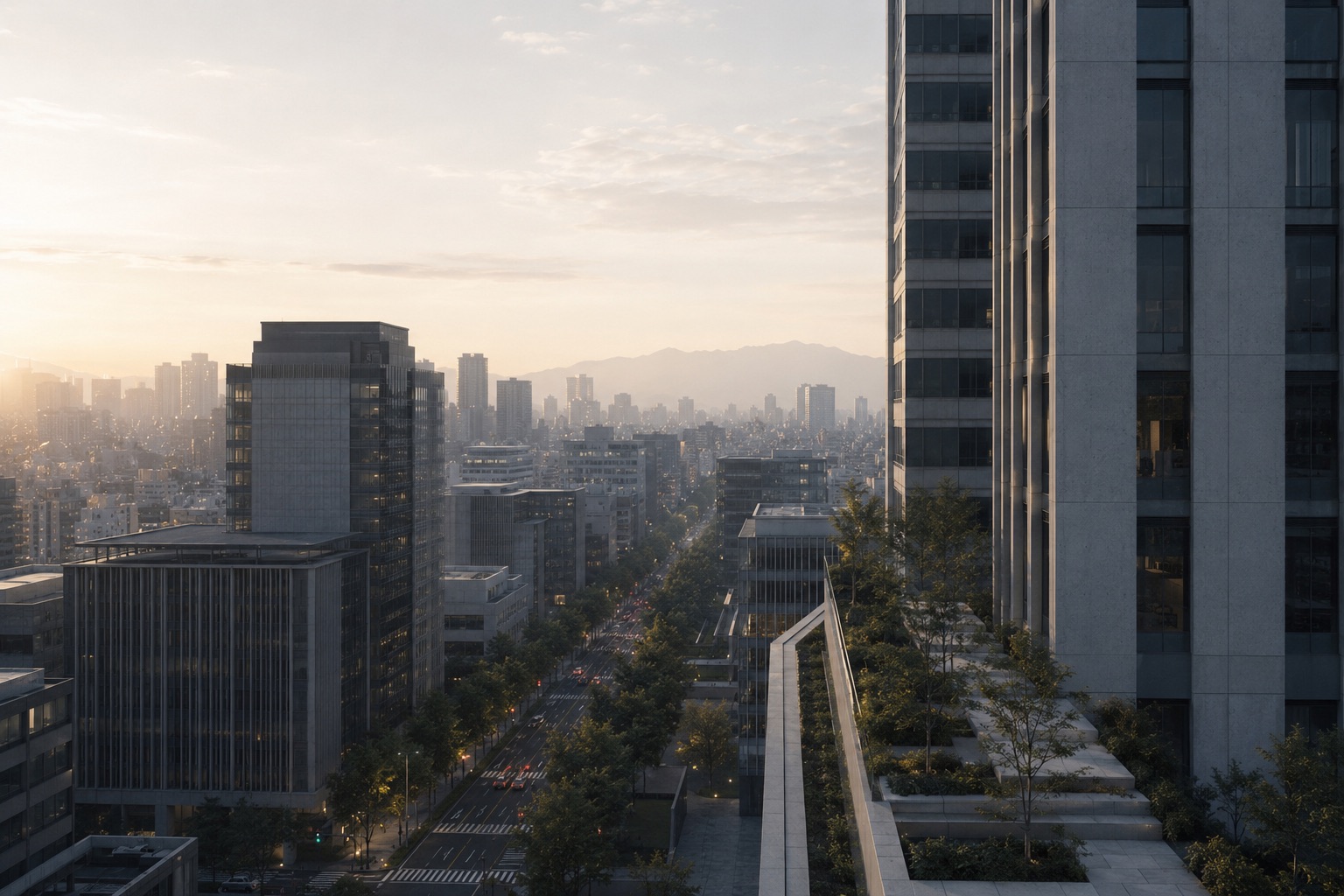免震・制振・耐震技術を想起させる日本の都市型高層建築イメージ