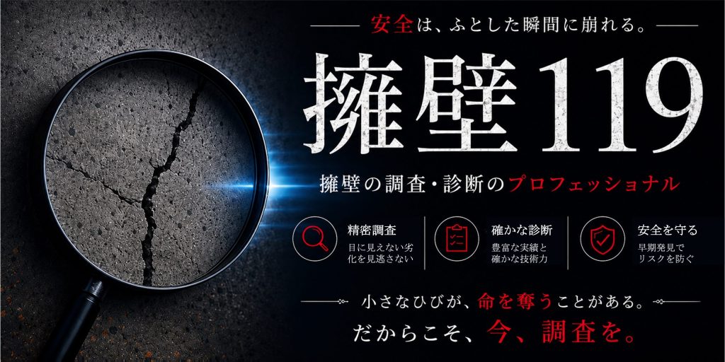 擁壁119の調査・診断サービスの案内。ひび割れた擁壁を虫眼鏡で確認するイメージ